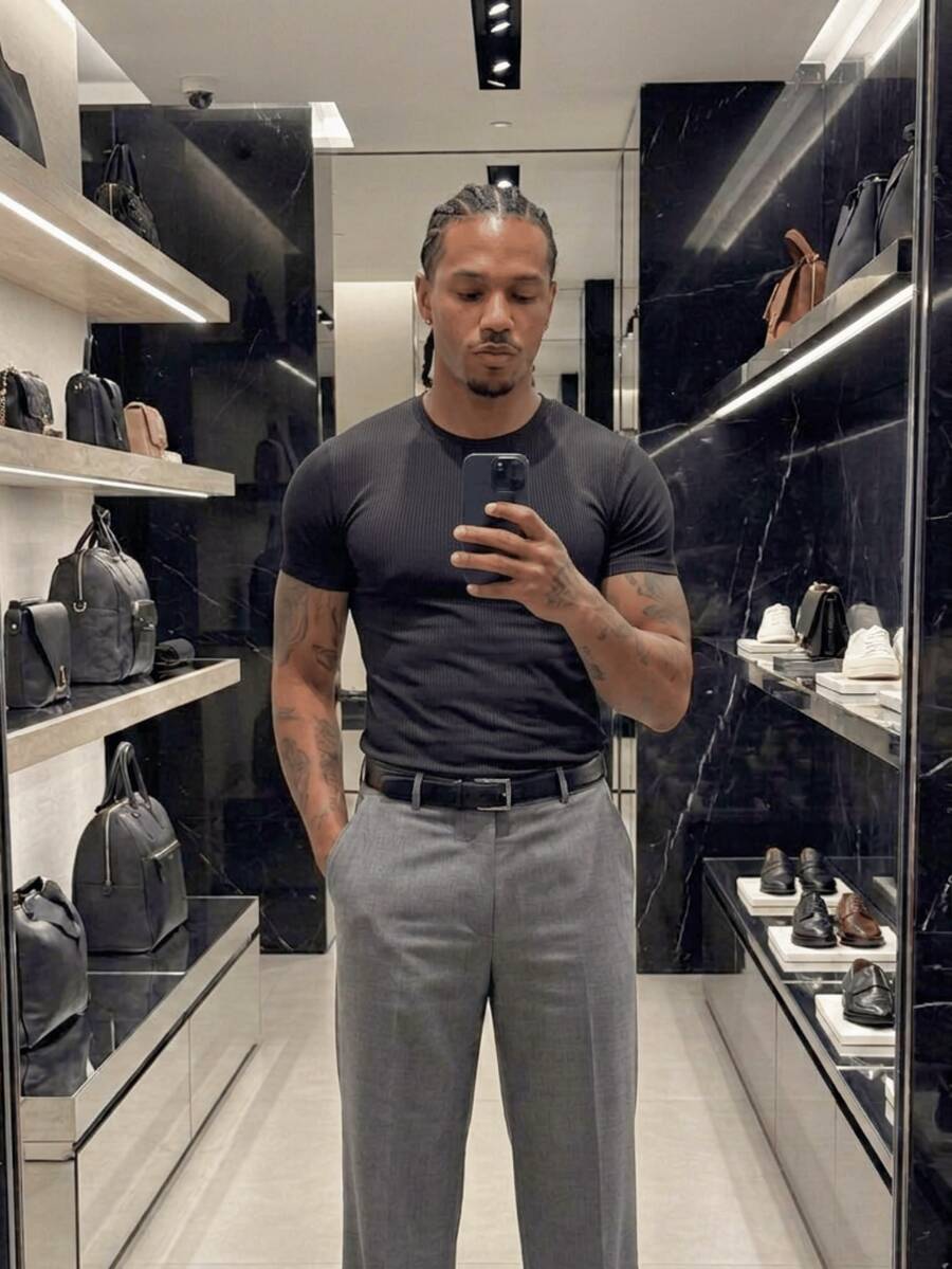 Men's Ribbed T-Shirt American Style Summer All Slim Fit Textured Knitted Men's Shirt Men's Blouse - 黑色 - 查看 1
