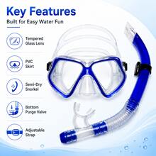 1 set Masque de snorkeling et tuba, lentilles doubles en verre trempé, jupe faciale en PVC, tuba incurvé semi-sec, avec valve de drainage, disponible en bleu/jaune/noir/rose unicolore, convient pour la plage, la piscine, les voyages de snorkeling - Bleu azur - Voir 2