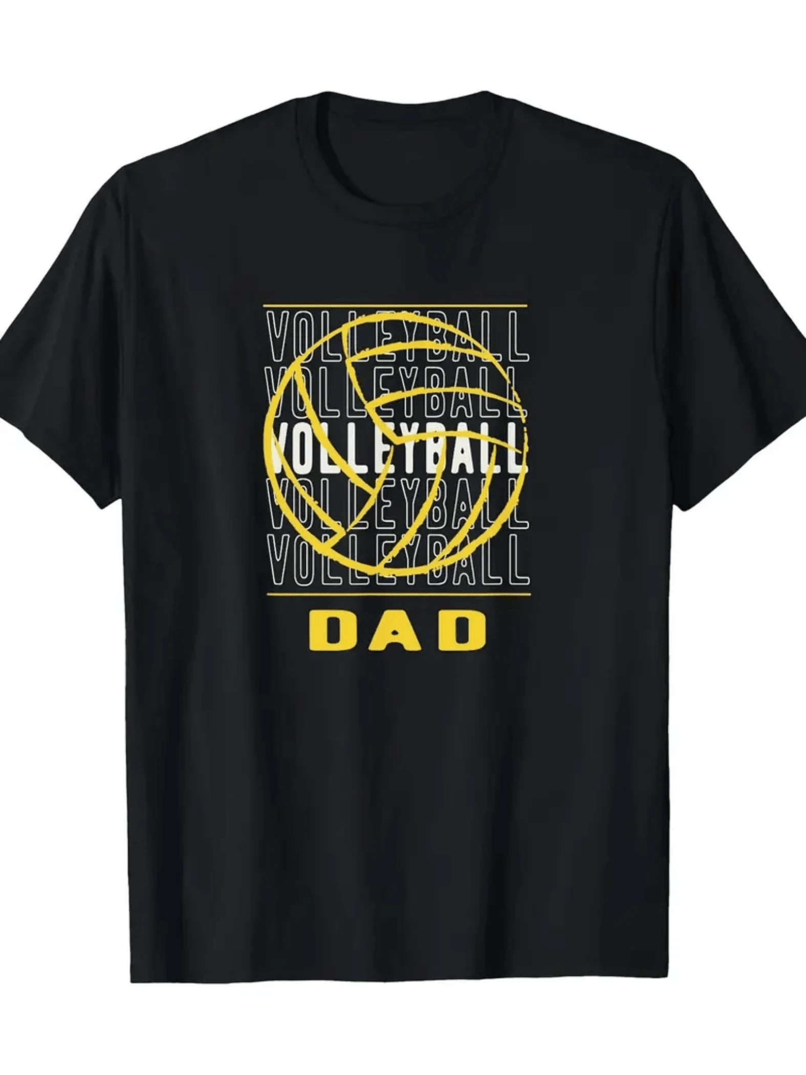 A Graphic Showing A Volleyball Formed By Yellow Lines Symbolizing Energy, Determination, And Love For The Sport, Accompanied By The Word DAD Highlighting The Paternal Pride Of Volleyball Fans. A Modern, Comfortable Men's Sports T-Shirt For Everyday Wear And Casual Occasions. - 黑色 - 查看 1