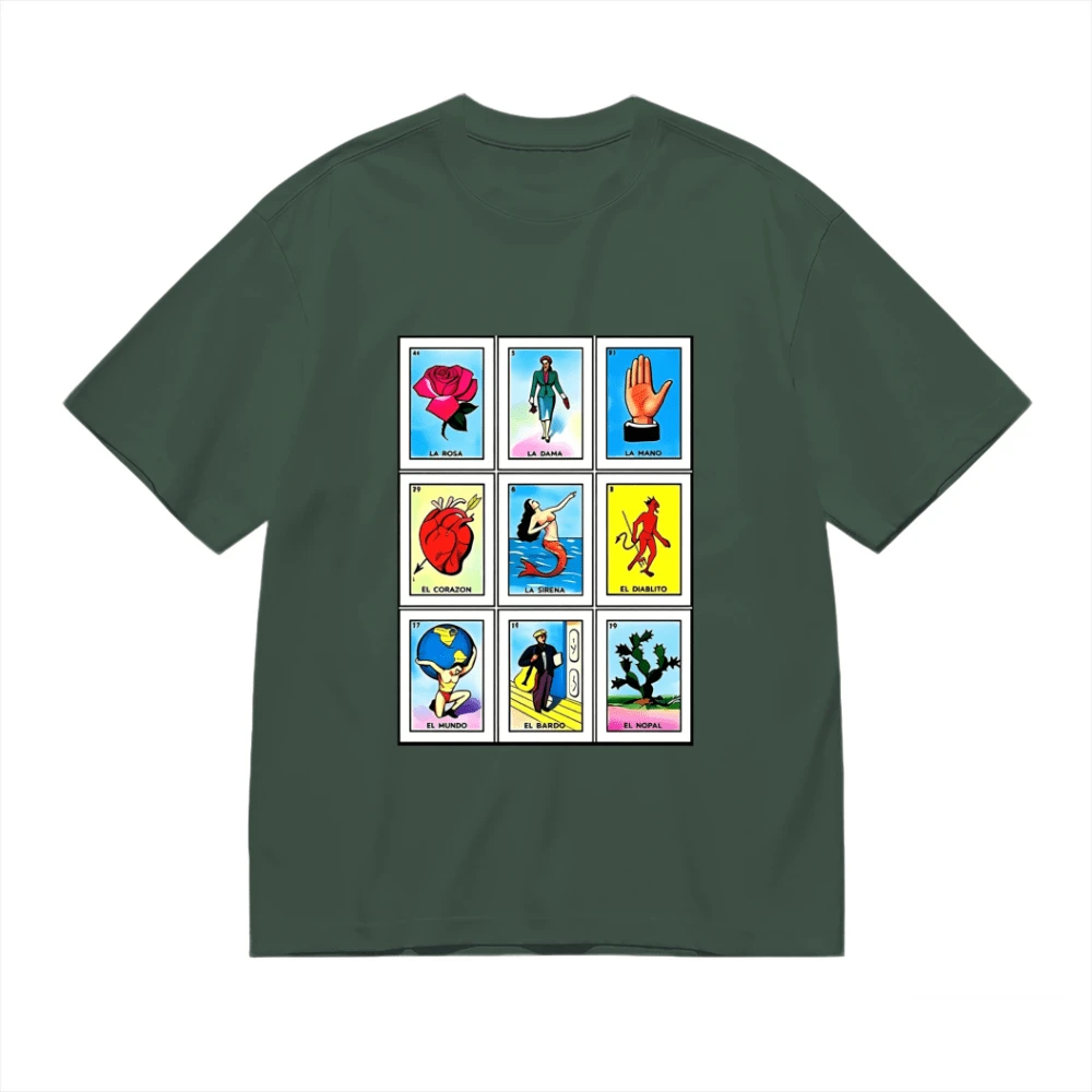 Colorful Illustration Depicting Traditional Mexican Playing Cards With Symbols Such As The Rose, Heart, Mermaid, And The World, Celebrating Latin Culture. Women's T-Shirt, 100% Cotton - 綠色 - 查看 1