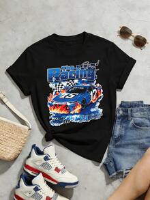 Damen Sommer Lässig weiches Rundhals Kurzarm T-Shirt, Rennsport Kosmische Geschwindigkeit Auto Muster Grafik, geeignet für den täglichen Gebrauch im Frühling und Sommer. Weiß - Schwarz - Übersicht 5