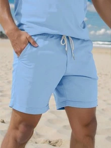 男士拼色短袖 Polo 衫搭配抽繩短褲，夏季戶外旅行商務休閒 T 恤短褲套裝運動風 - 淺藍色 - 查看 3