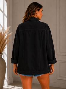 Max Women's Long Oversized Denim Jacket With Pockets For Winter - Black - View 2