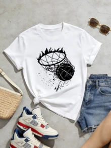 Tricou casual de vară pentru femei, moale, cu guler rotund și mânecă scurtă, cu imprimeu grafic cu coș de baschet în flăcări, potrivit pentru primăvară și vară - alb - Vizualizare 5