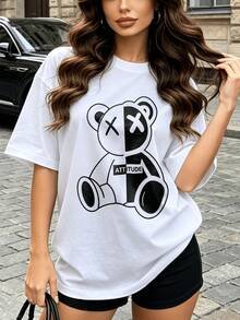 Women's Soft And Casual Short-Sleeved Crew Neck T-Shirt With A Black And White Bear Graphic Print, Suitable For Everyday Wear In Spring And Summer. Black. - 白色 - 查看 4