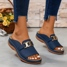 2026 New Women's Platform One-Strap Slide Sandals, Comfort Fuzzy Open-Toe Flat Slippers, Outdoor Beach Casual Non-Slip Platform Slides For Women, H-Strap Platform Slippers, Soft Fuzzy Slip-On Sandals, Non-Slip & Comfortable Slides. Stylish Women's Platform One-Strap Slides For Daily Wear & Vacation, Casual Fuzzy Flat Slippers, Lightweight Non-Slip Outdoor Summer Slides - Blue - View 4