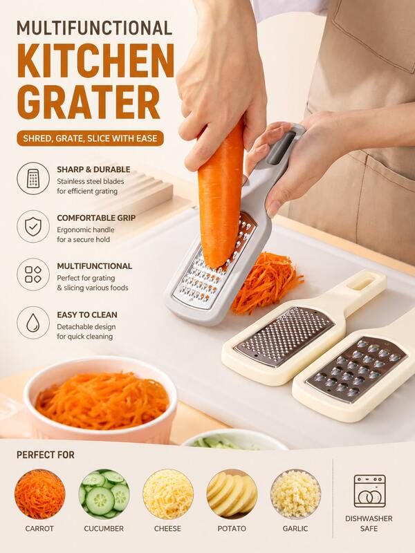 1/3 pezzi Grattugia multifunzionale da cucina, lame in acciaio inossidabile, grattugia per verdure con manico ergonomico, design rimovibile e lavabile in lavastoviglie, ideale per sminuzzare, grattugiare e affettare carote, formaggio, cetrioli e altro, utensile pratico per la preparazione degli alimenti, gadget da cucina utile come regalo per cuochi di casa