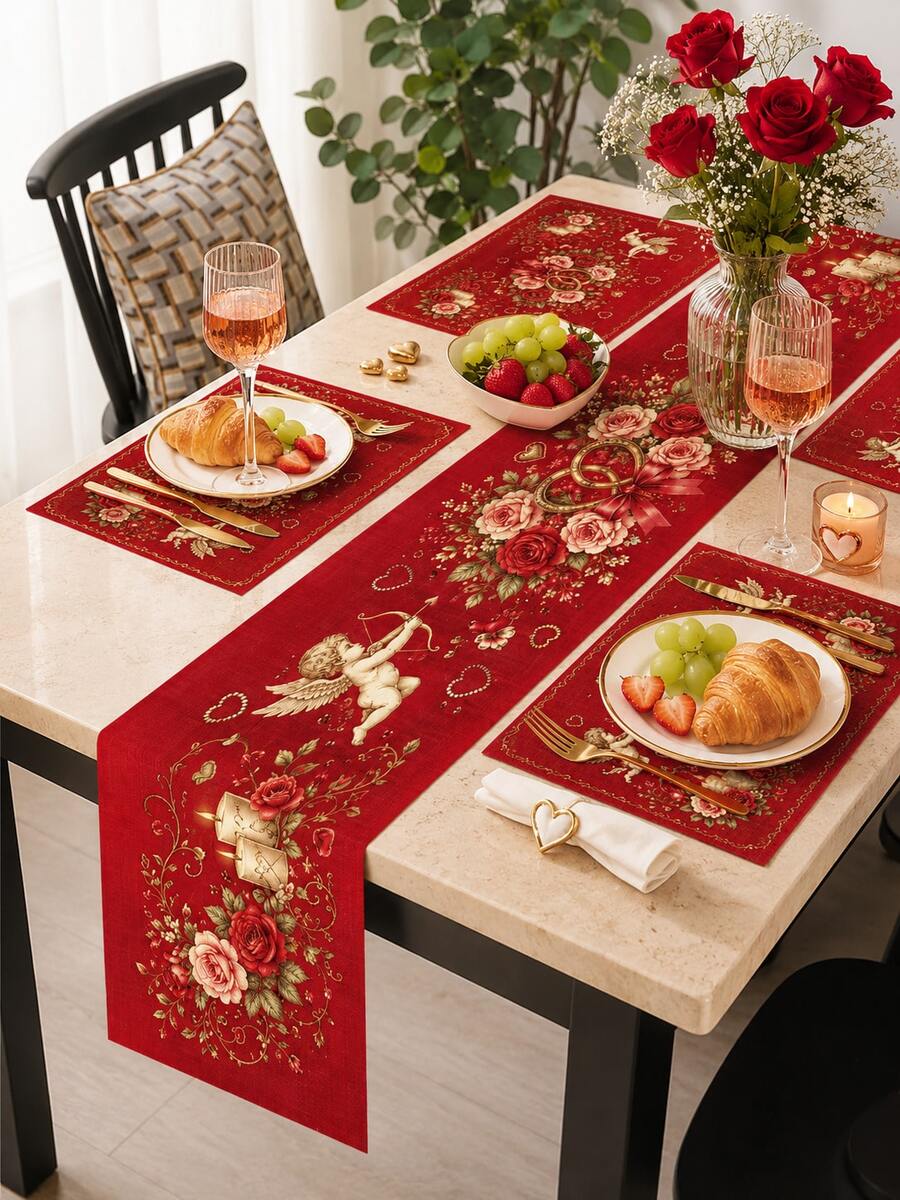 1/2/3/5/7pcs-Valentine's Day Red Table Runner, Romantic Cupid & Rose Print Decorative Table Runner, Wrinkle Resistant Fabric, Perfect For Romantic Dinner, Wedding Anniversary, Bridal Shower, Birthday Party, Kitchen Dining Room, Indoor Outdoor Home Holiday Decoration - Multicolor - View 1