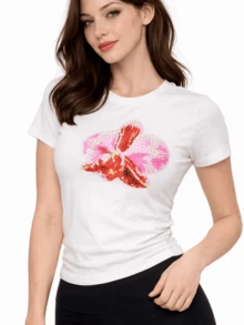 Pink And Red Orchid Flower Symbolizing Beauty, Hope, And Feminine Energy With A Modern Artistic Touch Representing Vitality And Elegance. Comfortable And Versatile Casual Women's T-Shirt For Everyday Wear. - 白色 - 查看 1
