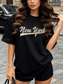 Women's Summer Casual Soft Round Neck Short Sleeve T-Shirt,Beige New York Script Print Graphic Suitable For Daily Spring And Summer Wear.White - Black - View 10