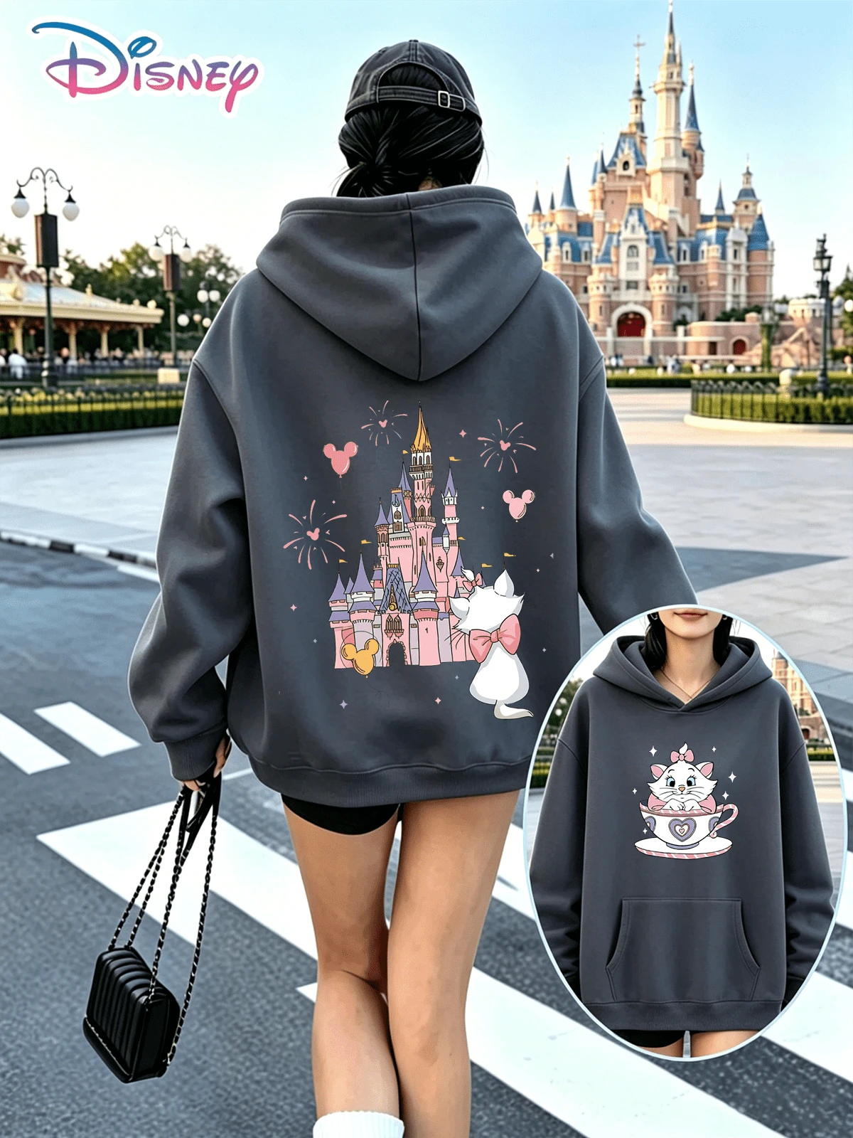 This Y2K Dark Grey Hoodie Features A Gentle Retro Print Of Disney's Mary Cat, Castle, Fireworks, And Mickey Mouse Balloons. The Loose Fit Is Sweet And Youthful, Suitable For Everyday Wear, Commuting To School, And Disneyland Outfits. (Women's Autumn/Winter Clothing/Elegant Women's Outfits/Patterned Hoodies/Printed Tops/Casual Outfits For Women/Women Trending Now/Holiday Co-Ord/Plus Size Friendly) - Dark Grey - View 1