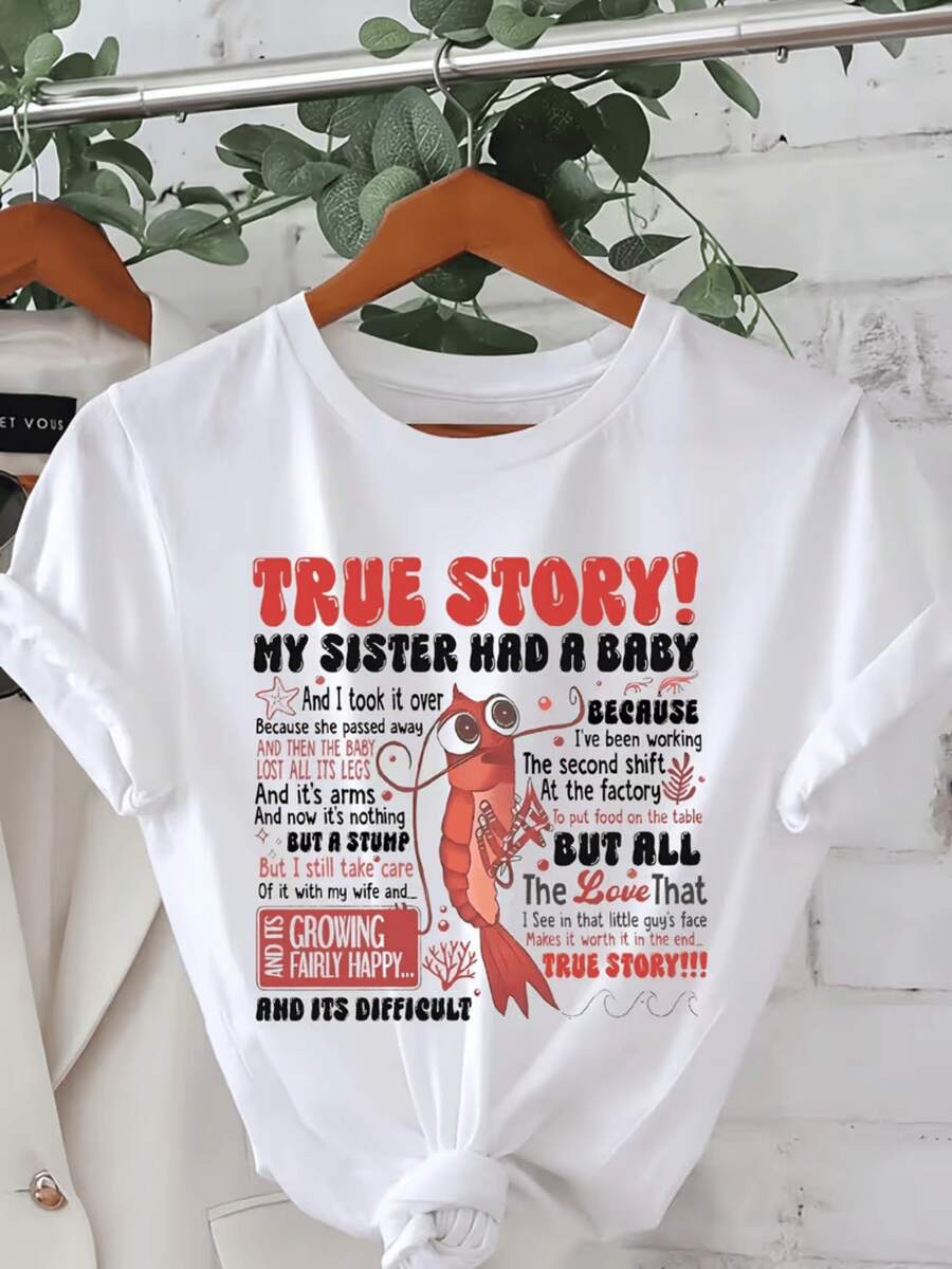 Smiling Red Shrimp Accompanied By Positive Words That Tell A Funny Story About Family, Love, And Perseverance, Creating A Sense Of Humor And Tenderness In Every Detail. Funny Casual Women's T-Shirt For Everyday Wear - 白色 - 查看 1