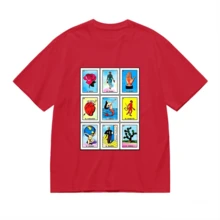 Colorful Illustration Depicting Traditional Mexican Playing Cards With Symbols Such As The Rose, Heart, Mermaid, And The World, Celebrating Latin Culture. Women's T-Shirt, 100% Cotton - 紅色 - 查看 4