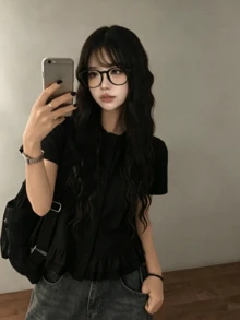 俏皮荷葉邊圓領短袖T恤，日系復古少女風百搭寬鬆上衣，夏季休閒黑色女裝 - 黑色 - 查看 6