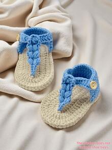 1 Pair Handmade Crochet Infant Sandals, White And Beige, Infant Booties - Baby Blue - View 8
