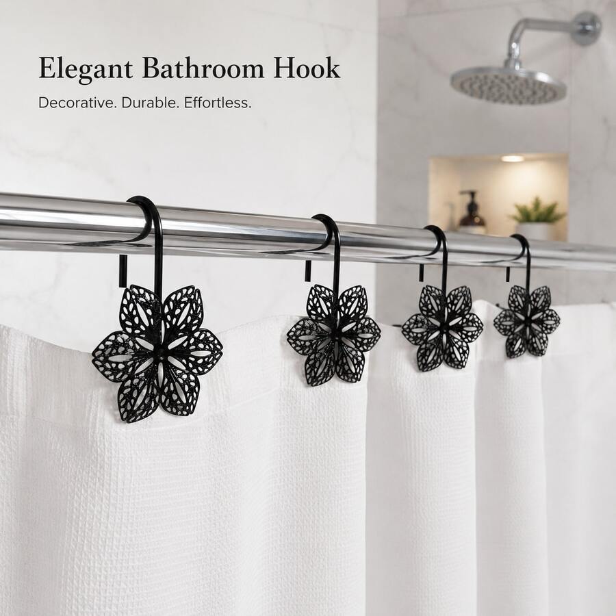 12pcs/Box Black Hollow Flower Shower Curtain Hooks, Metal Curtain Hooks - Black - View 1