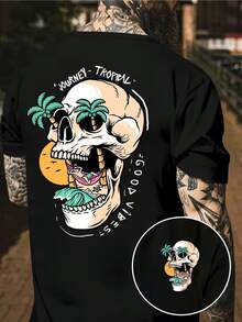 Skull With Palm Trees And Wave Representing The Freedom Of The Traveler's Spirit And The Search For Good Vibes In A Tropical Paradise At Sunset. Men's T-Shirt For Summer, Casual, Modern, Comfortable For Everyday Wear. - 黑色 - 查看 8
