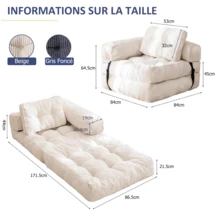 Sofá Individual Plegable 170*85 cm, Sillón y Sofá y Cama Auxiliar, Sofá Cama Convertible 3 en 1 con Reposabrazos, para Salón o Dormitorio, Beige - Beis - Ver 8