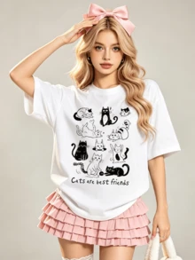 Women's Summer Casual Soft Round Neck Short Sleeve T-Shirt,Cats Are Best Friends Print Graphic Suitable For Spring Summer. - Blanco - Ver 4