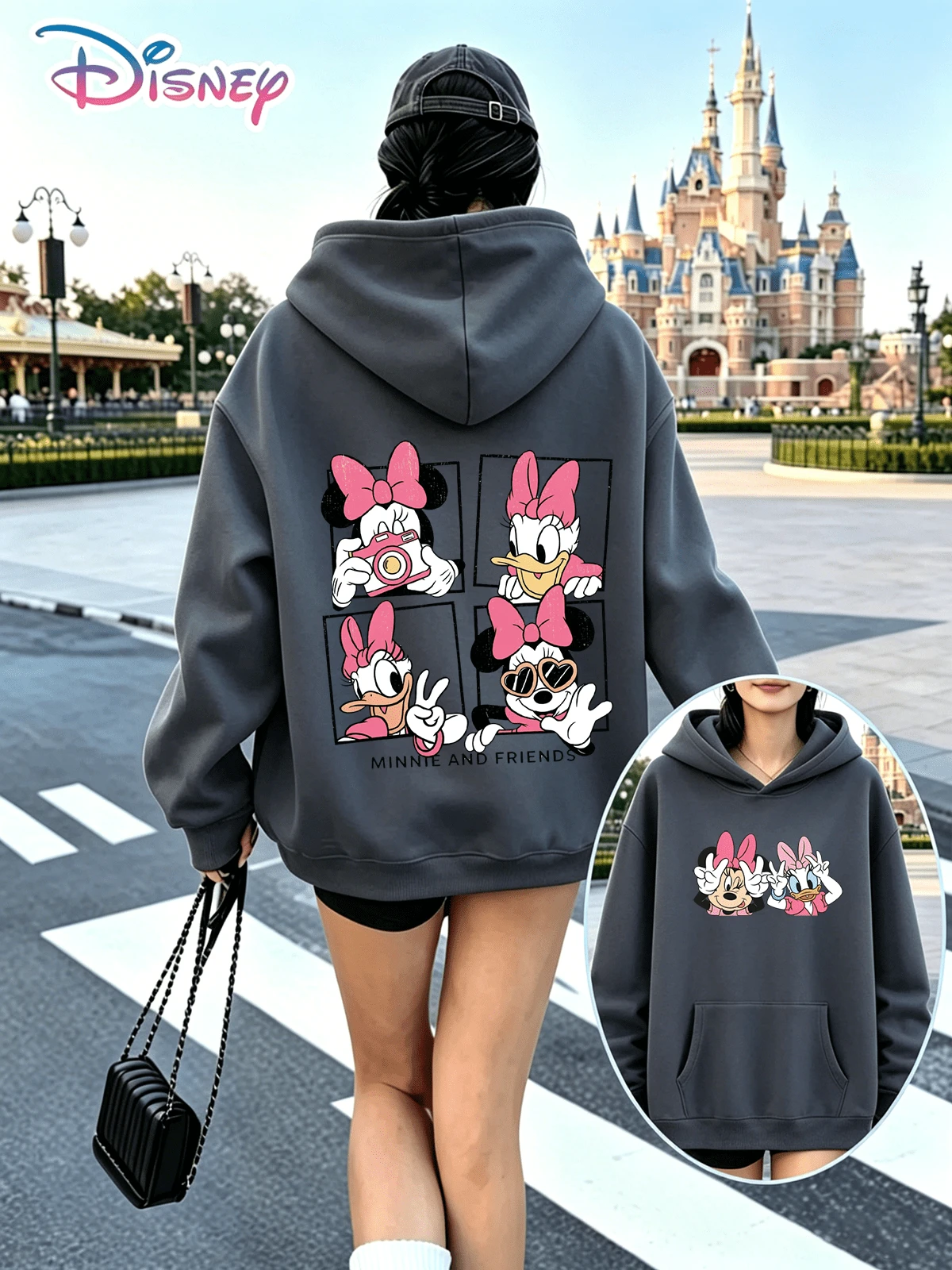 This Disney Minnie Mouse Four-Panel Art Print Sweatshirt Is Loose And Casual, Flattering For All Body Types. It's Perfect For A Girly, Best Friend Style, Suitable For Various Occasions, And Simple Yet Stylish. (Women's Autumn/Winter Clothing/Elegant Women's Outfits/Patterned Hoodies/Printed Tops/Casual Outfits For Women/Women Trending Now/Holiday Co-Ord/Plus Size Friendly) - Dark Grey - View 1
