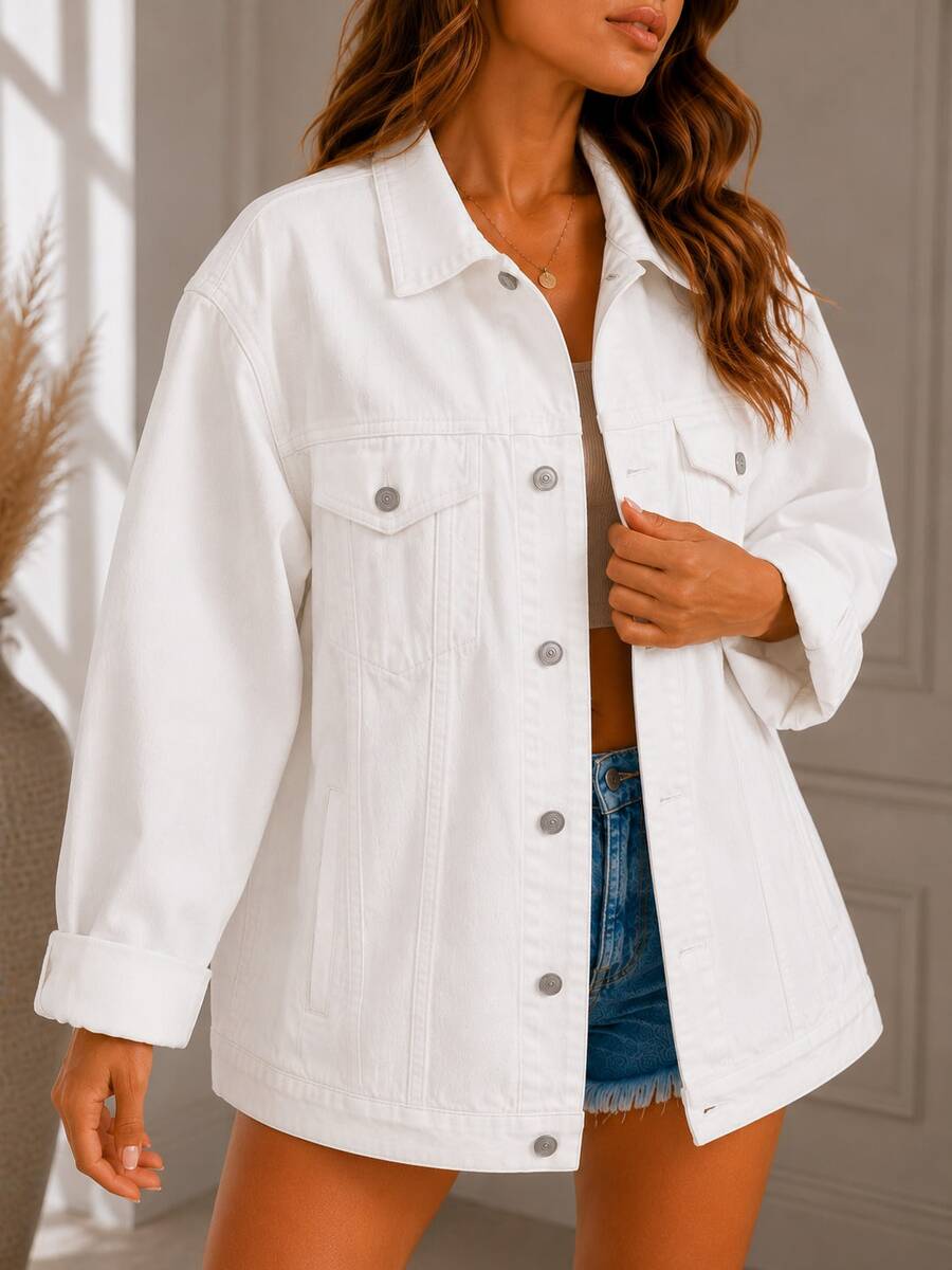 Max Women's Long Oversized Denim Jacket With Pockets For Winter - Putih - View 1