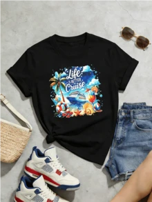 Women's Summer Casual Soft Round Neck Short Sleeve T-Shirt,Life Is Better On A Cruise Print Graphic Suitable For Spring Summer. - Hitam - View 5