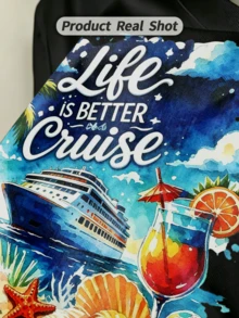 Women's Summer Casual Soft Round Neck Short Sleeve T-Shirt,Life Is Better On A Cruise Print Graphic Suitable For Spring Summer. - Hitam - View 3