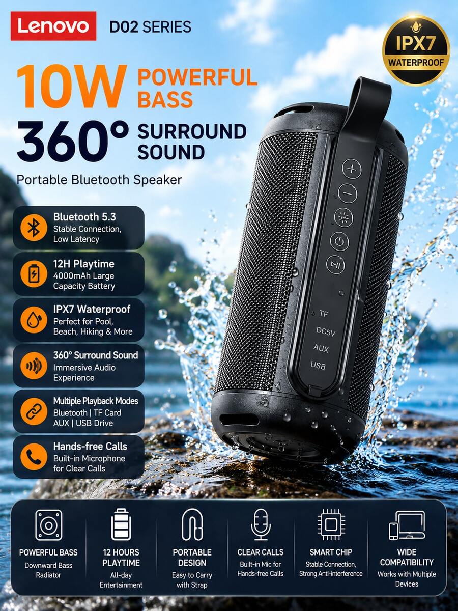 Speaker Bluetooth Lenovo D02, Volume & Kualitas Suara Tinggi, Speaker Super Bass Portabel Tahan Air untuk Luar Ruangan - View 1