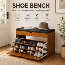 Shoe Cabinet,Multi-Functional Shoe Storage Bench With Seat Cushion,Wood Shoe Storage Bench With Cushioned Seat & Flip Drawer, Multi-Tier Shoe Cabinet Organizer For Entryway Hallway Bedroom;3 Color Flip Top Shoe Cabinet - 棕色 - 查看 1