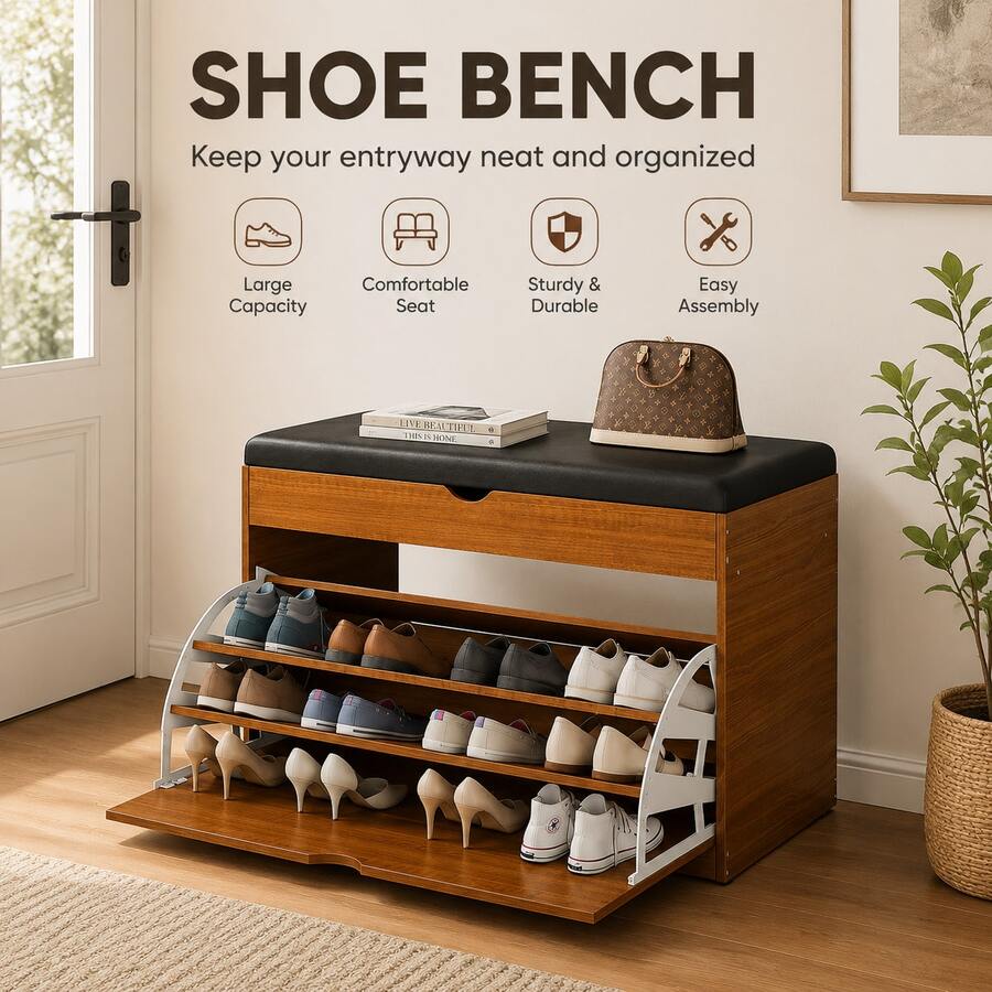 Shoe Cabinet,Multi-Functional Shoe Storage Bench With Seat Cushion,Wood Shoe Storage Bench With Cushioned Seat & Flip Drawer, Multi-Tier Shoe Cabinet Organizer For Entryway Hallway Bedroom;3 Color Flip Top Shoe Cabinet - 棕色 - 查看 1