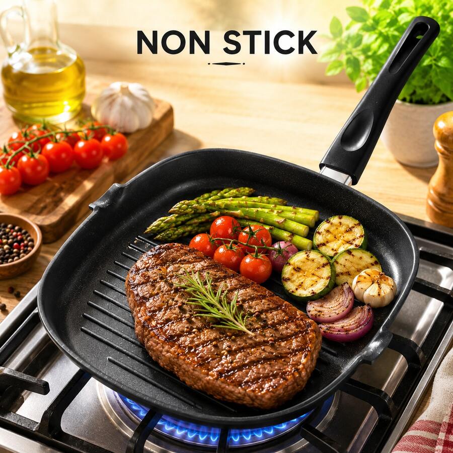 OneBag Non Stick Cast Iron Griddle Frying Pan Grill Non-Stick Skillet Cooking Fry Square Steak