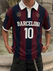 Men's Barcelona Football Jersey Style Polo Shirt, Striped Pattern T-Shirt, Retro Fabric, Modern Loose Fit Sports & Streetwear For Summer - Multicolor - View 3