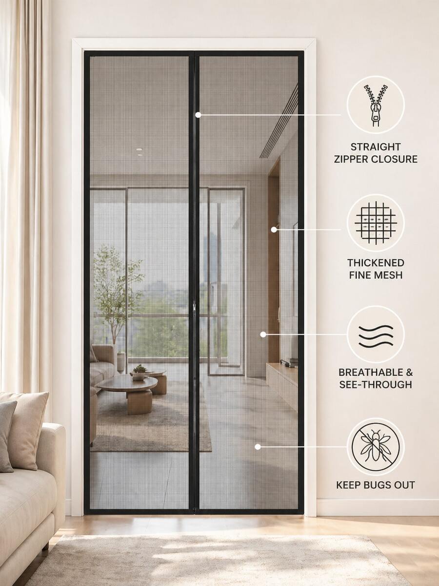 1pc Thickened Black Mesh Door Curtain With Middle Zipper, Breathable Mosquito Net Door Curtain Suitable For Bedroom, Balcony, Patio, Kitchen - Black Set With Straight Zipper - View 1