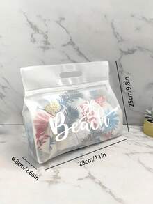 透明防水洗漱包，印有“Beach”字样和棕榈树图案，适合存放洗发水、乳液、化妆品等。时尚实用，适合旅行、通勤、学生和爱美人士，可用于旅行、健身、酒店住宿和日常浴室收纳。用途广泛，也可作为化妆包使用。 - 彩色 - 查看 11