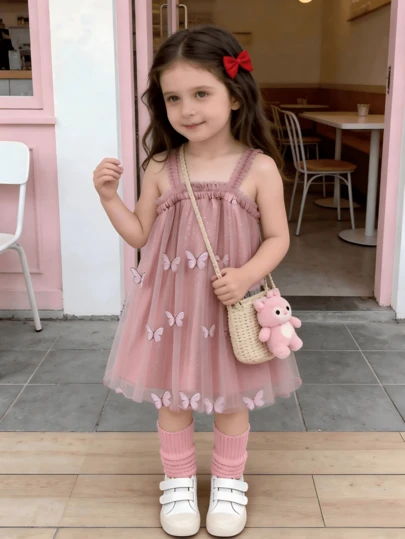 שמלת רשת ורודה לתינוקות בנות לקיץ עם קישוטי פרפרים תלת-ממדיים, שמלת נסיכה חלומית רכה עם רצועה מקושטת, קלת משקל ונושמת ללבוש יומיומי, מסיבה, חג, יום הולדת