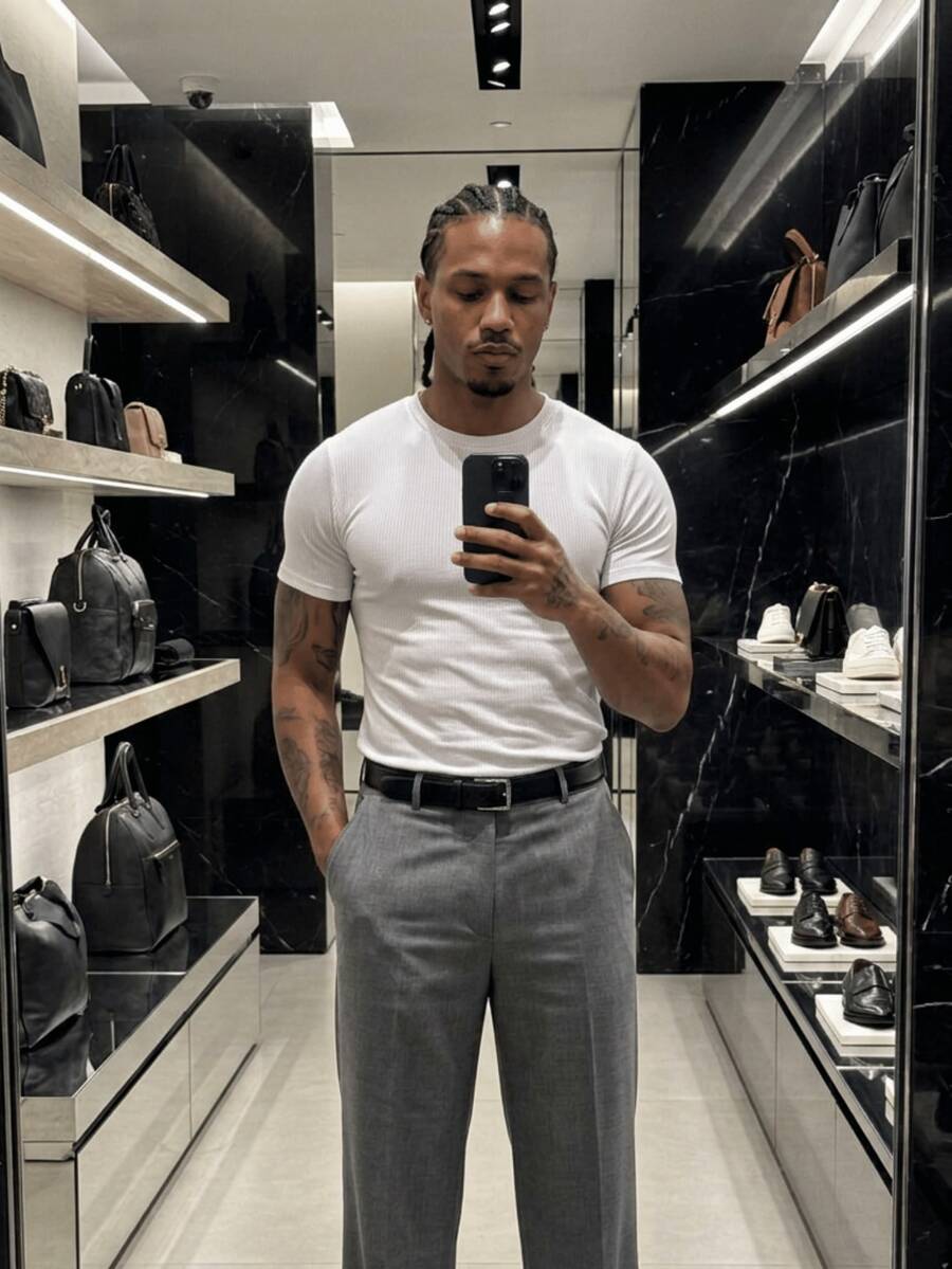 Men's Ribbed T-Shirt American Style Summer All Slim Fit Textured Knitted Men's Shirt Men's Blouse - 白色 - 查看 1