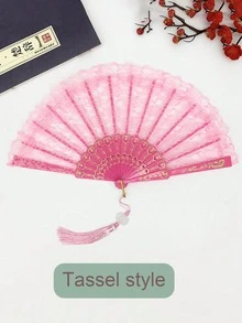 女士白色手扇，双层蕾丝，复古花卉图案，时尚舞蹈折扇 - 白色 - 查看 14