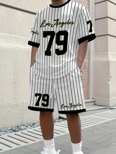  FRACTYR 男士两件套，夏季休闲街头时尚洛杉矶 79 条纹运动白色短袖纯色短裤套装，宽松圆领 T 恤和抽绳腰带短裤，美式夏季运动复古两件套，柔软舒适
