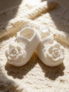 1 Pair Handmade Infant Booties, Green Crochet With White Flower Decor, Snap Closure - White - View 6