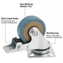 4pcs 50mm Caster Wheels Set, 2 Brake + 2 Swivel, 200KG Load Capacity Silent Rubber Wheels, Includes Mounting Screws, Home Use - Universal - View 5
