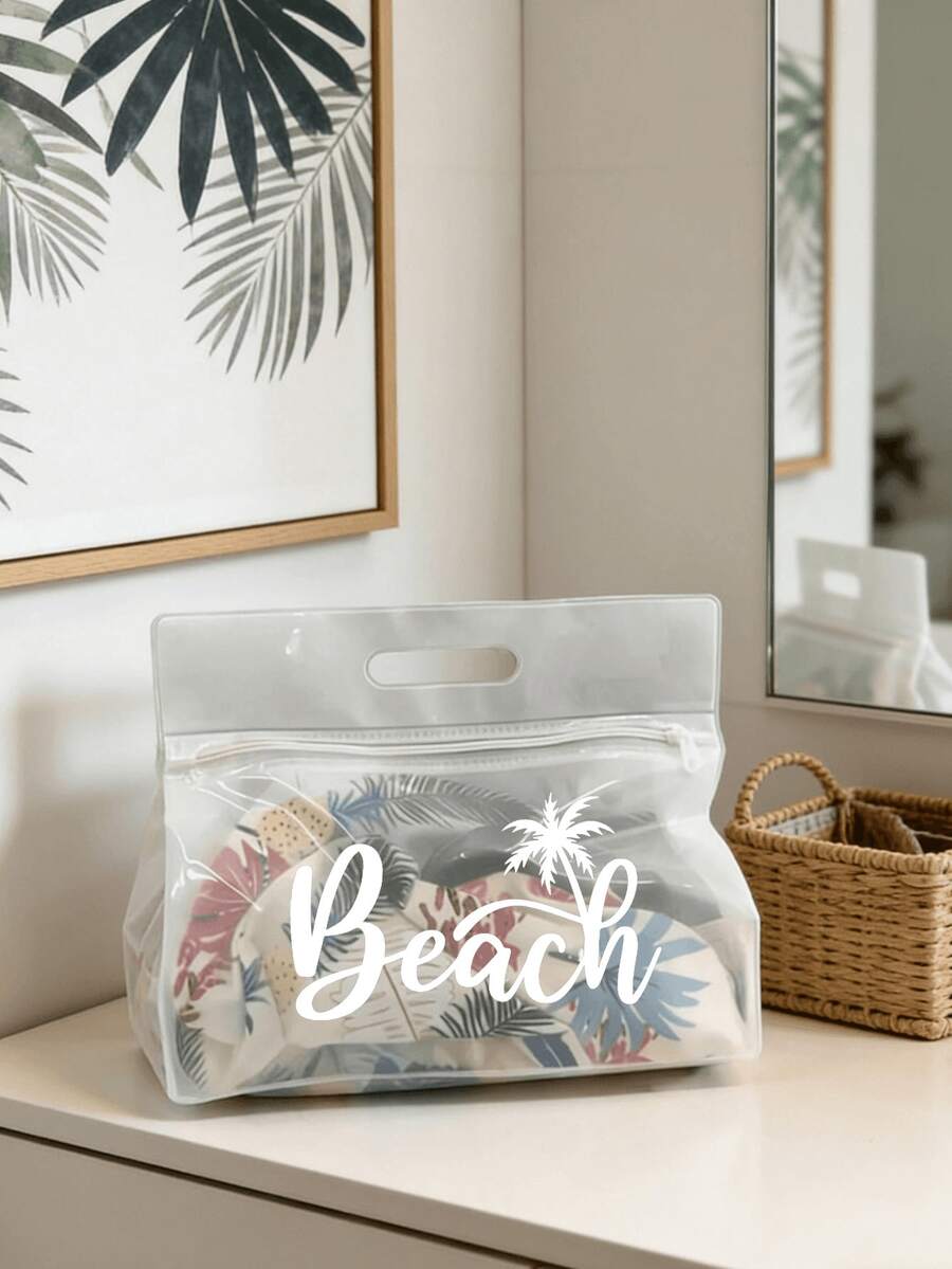 透明防水洗漱包,印有“Beach”字样和棕榈树图案,适合存放洗发水、乳液、化妆品等。时尚实用,适合旅行、通勤、学生和爱美人士,可用于旅行、健身、酒店住宿和日常浴室收纳。用途广泛,也可作为化妆包使用。 - 彩色 - 查看 1