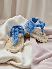 1 Pair Handmade Crochet Infant Sandals, White And Beige, Infant Booties - Baby Blue - View 6