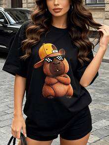 Camiseta de manga corta con cuello redondo suave y casual de verano para mujer, con estampado gráfico de capibara con gafas de sol, adecuada para uso diario y atuendos de primavera y verano. Negro - Negro - Ver 1