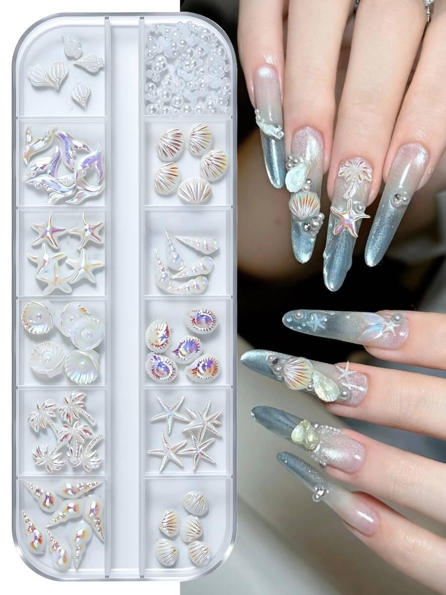 Boxed Aurora Conch Shell Coconut Tree Mermaid Tail Star Rhinestone Nail Art Summer Accessory Decorations Nails Supplies DIY Nail Tools - Multicolor - View 1