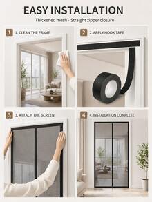 1pc Thickened Black Mesh Door Curtain With Middle Zipper, Breathable Mosquito Net Door Curtain Suitable For Bedroom, Balcony, Patio, Kitchen - Black Set With Straight Zipper - View 4