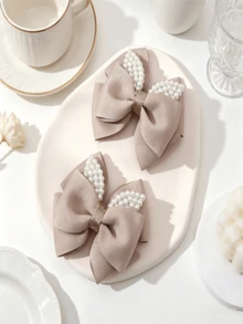 2pcs Satin Pearl Bow Hair Clips, French Girl Side Bangs Claw Clips, Versatile Hair Accessories - Chocolate Brown - View 4