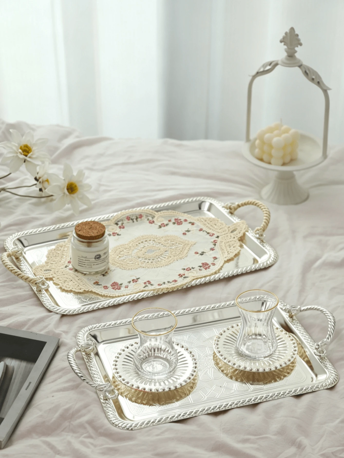 ALMAMARA 1,2,3pcs Luxury Silver-Plated Iron Embossed Islamic Pattern Rectangular Tray, With High-End Twisted Rope Edge And Woven Handle, Elegant Multi-Purpose Tea Tray, Coffee Tray, Suitable For Party, Wedding, High-End Home Decor And Daily Use