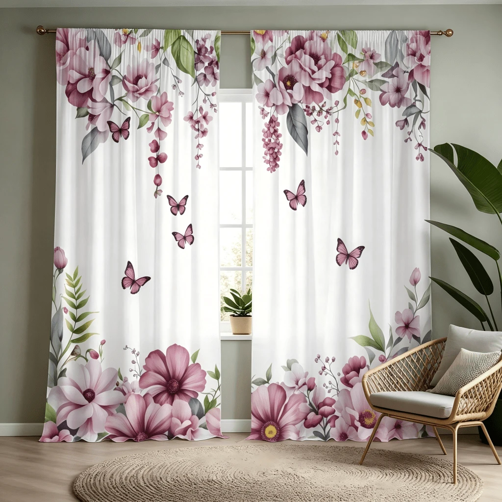 2pcs Pink Floral And Butterfly Pattern Printed Rod Pocket Curtains, Modern Polyester Curtains, Suitable For Bedroom, Kitchen, Office, Living Room - Machine Washable, Multi-Functional Room Decor, Living Room Curtains - Multicolor - View 1