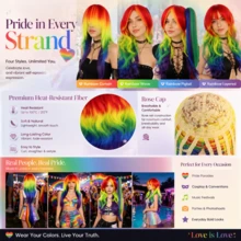 彩虹漸層 K-POP Y2K 風格長波浪假髮，自然霧面平滑合成髮絲附瀏海與層次剪裁，馬尾友善設計，透氣內帽易穿戴，適合驕傲遊行、音樂節，百搭女用假髮 - 彩色 - 查看 2