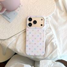 GUCADI INS Style Minimalist Sweet Polka Dot Phone Case, Compatible With 18Pro, 18Promax, 17, 17 Pro Max, 16, 15 Soft Shell, 13, With Starry Sky Film Magnetic Stand, Personalized, Girly, Creative, Minimalist Style, Fresh And Cute, Color Block Design, Niche, INS Style - White Color - View 4
